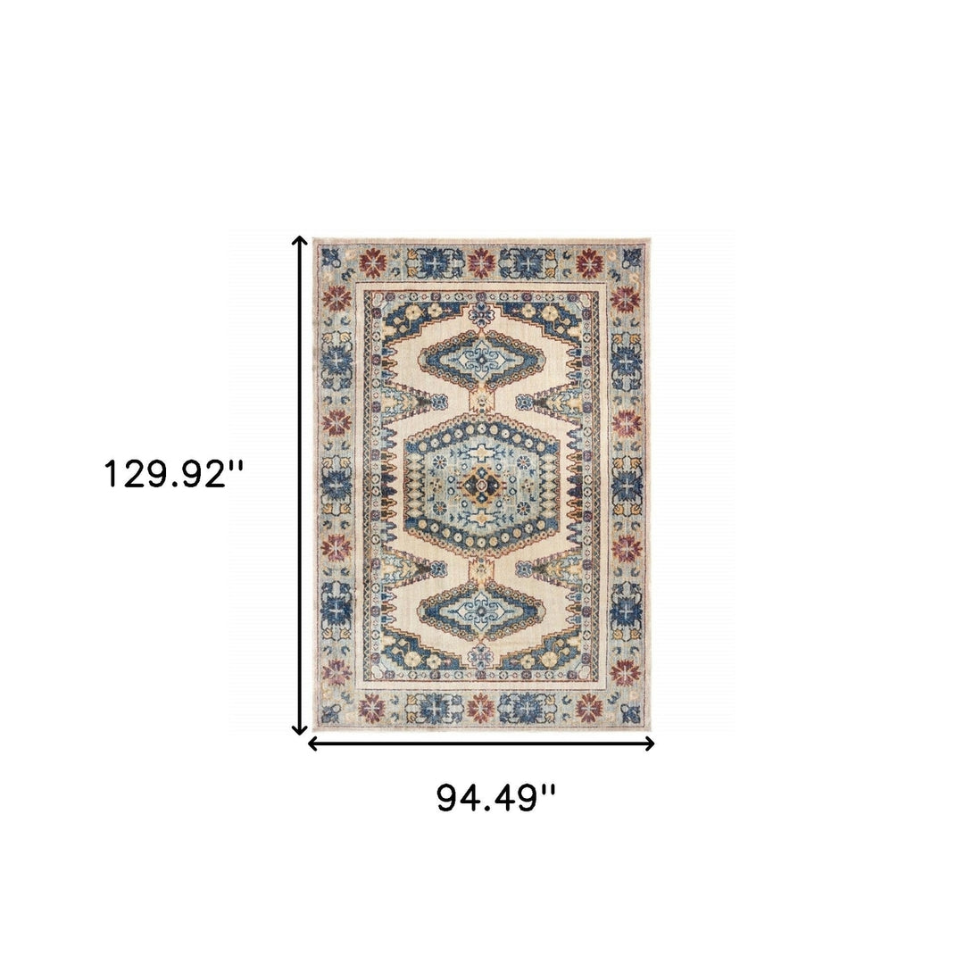 8 X 11 Ivory And Blue Oriental Power Loom Stain Resistant Area Rug Image 5