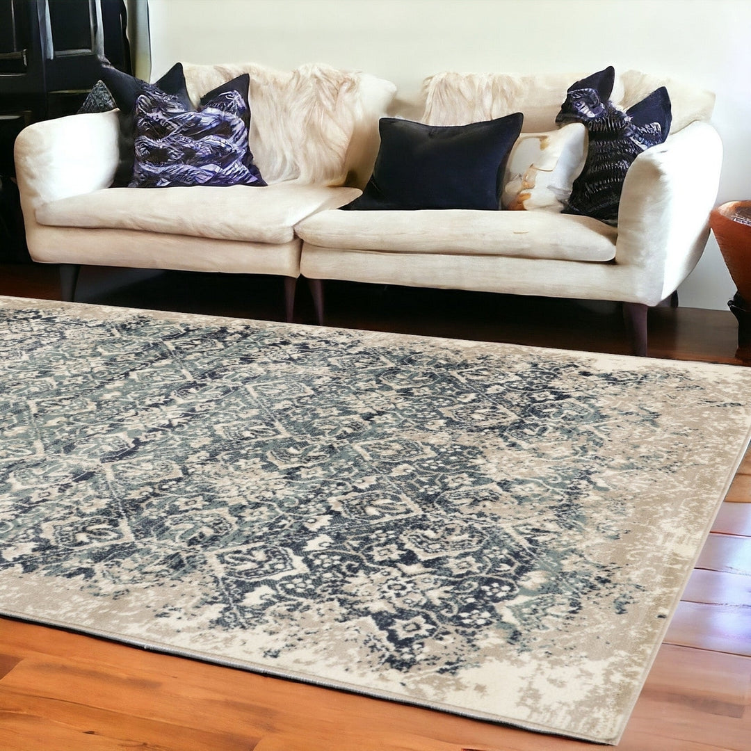 8 x 11 Ivory and Blue Oriental Area Rug Image 6