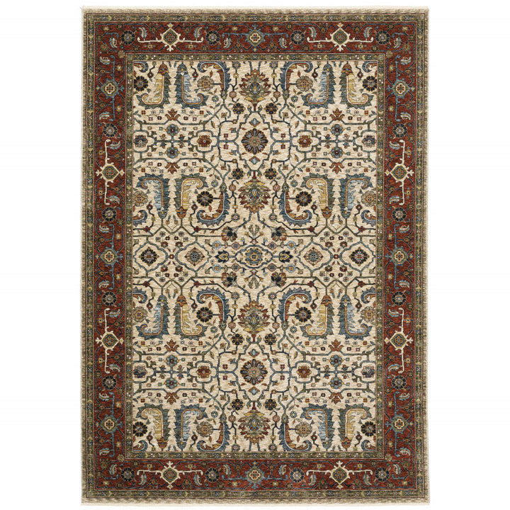 8 X 11 Ivory Red Green Grey Blue And Navy Oriental Power Loom Stain Resistant Area Rug With Fringe Image 1