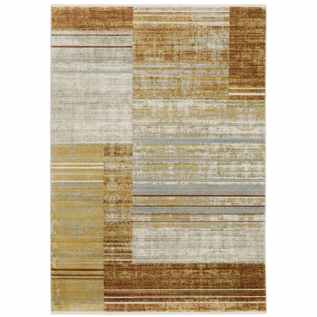 8 X 11 Rust Gold Blue Grey Ivory And Tan Geometric Power Loom Stain Resistant Area Rug With Fringe Image 1