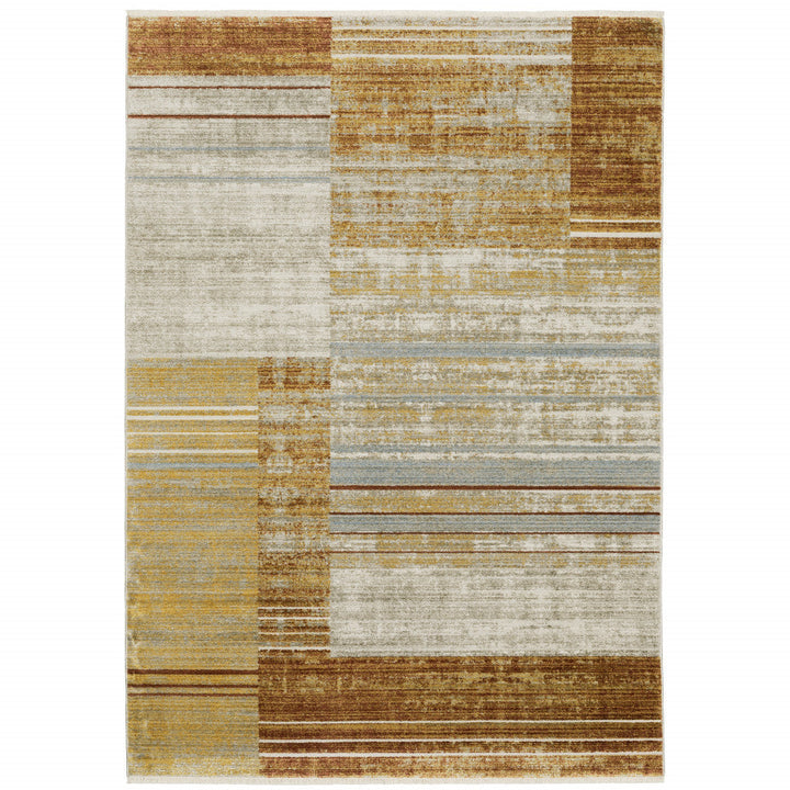 8 X 11 Rust Gold Blue Grey Ivory And Tan Geometric Power Loom Stain Resistant Area Rug With Fringe Image 1