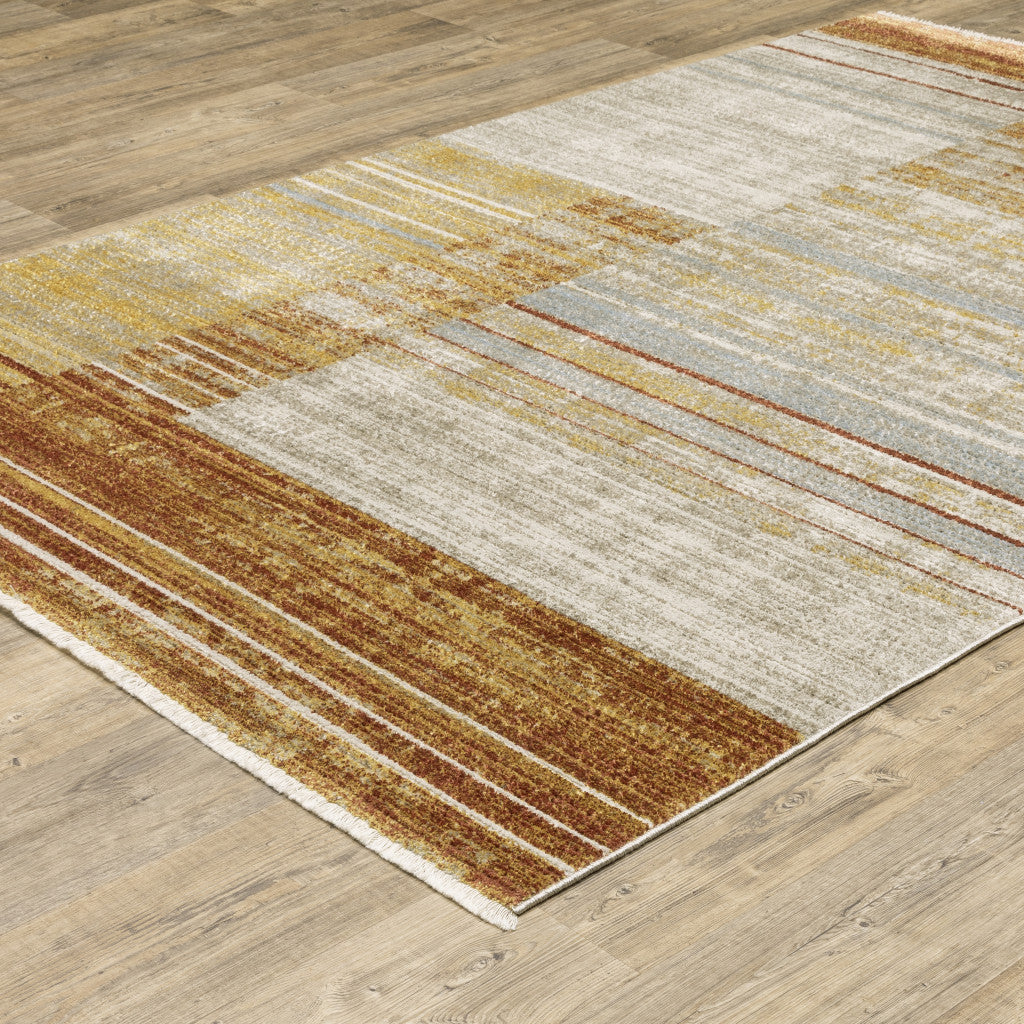 8 X 11 Rust Gold Blue Grey Ivory And Tan Geometric Power Loom Stain Resistant Area Rug With Fringe Image 3