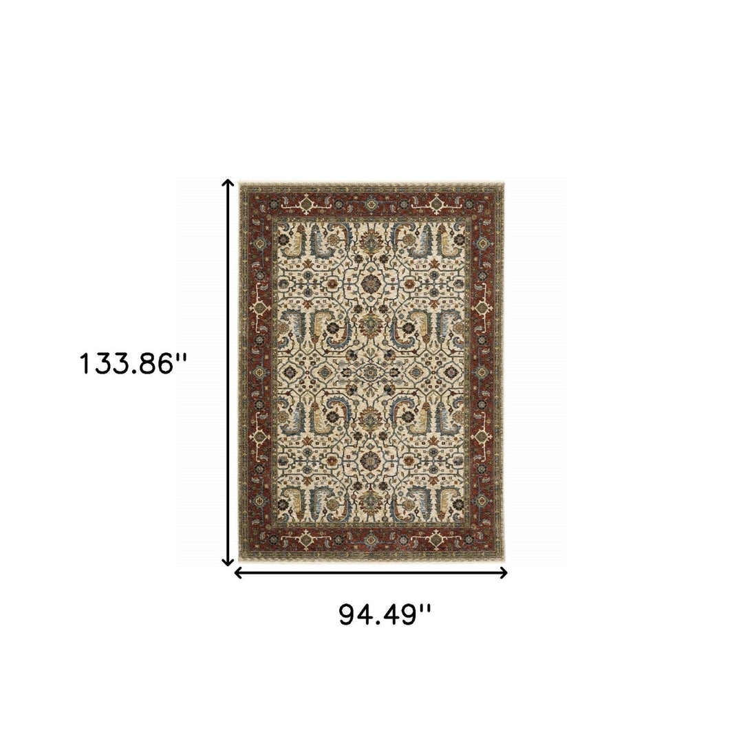 8 X 11 Ivory Red Green Grey Blue And Navy Oriental Power Loom Stain Resistant Area Rug With Fringe Image 11