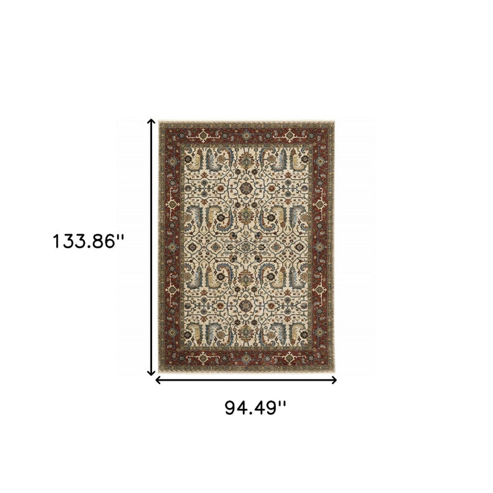 8 X 11 Ivory Red Green Grey Blue And Navy Oriental Power Loom Stain Resistant Area Rug With Fringe Image 11