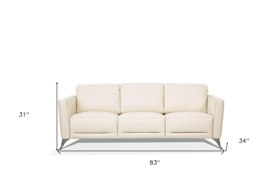 83" Cream Leather Sofa With Black Legs Image 2