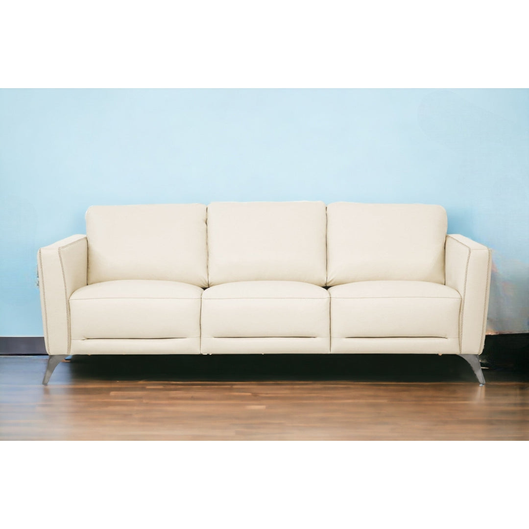 83" Cream Leather Sofa With Black Legs Image 5