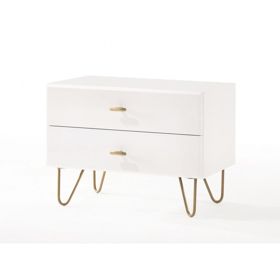 Contemporary White and Gold Nightstand with Two Drawers Image 1