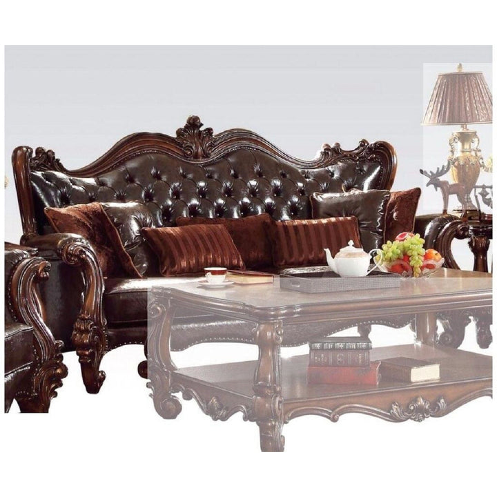 93" Brown Faux Leather Sofa And Toss Pillows With Cherry Blossom Pink Legs Image 2