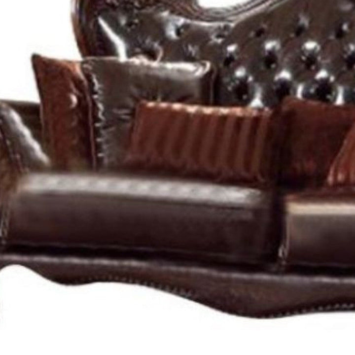 93" Brown Faux Leather Sofa And Toss Pillows With Cherry Blossom Pink Legs Image 4