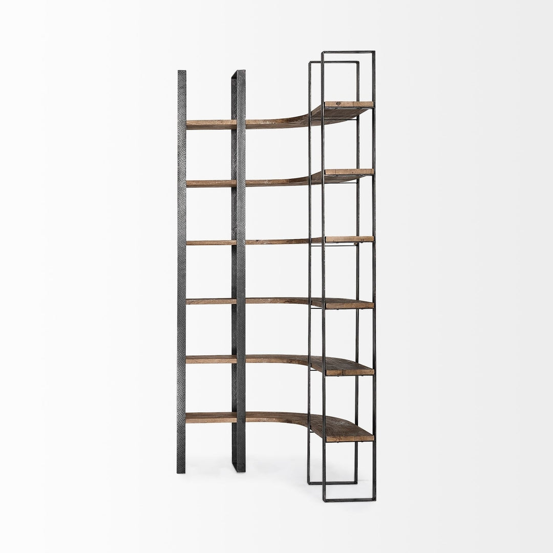 Curved Dark Brown Wood And Black Iron 6 Shelving Unit Image 3