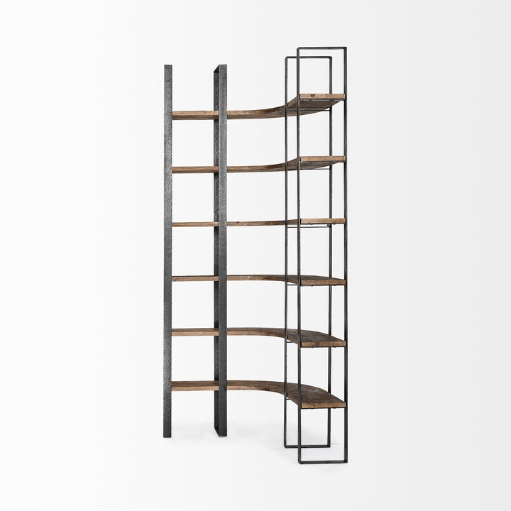 Curved Dark Brown Wood And Black Iron 6 Shelving Unit Image 3