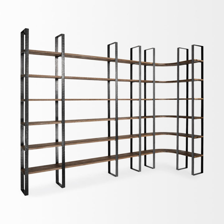 Curved Dark Brown Wood And Black Iron 6 Shelving Unit Image 4