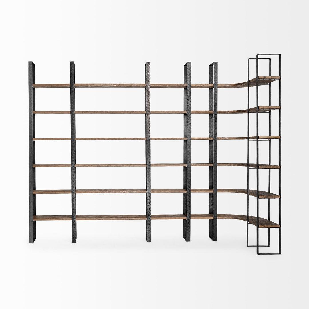 Curved Dark Brown Wood And Black Iron 6 Shelving Unit Image 5