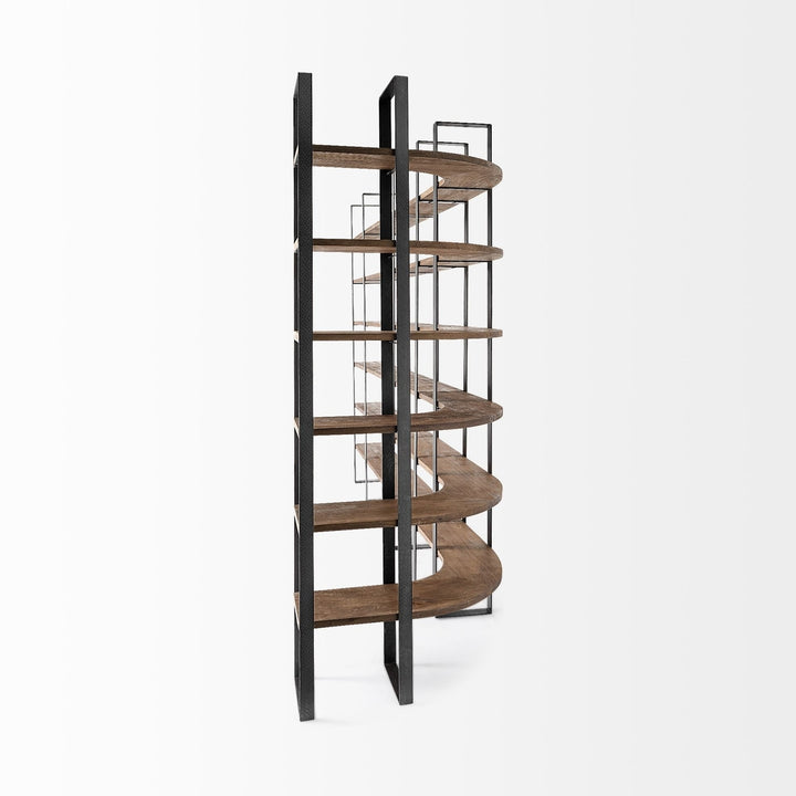 Curved Dark Brown Wood And Black Iron 6 Shelving Unit Image 6