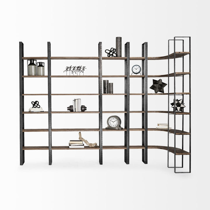 Curved Dark Brown Wood And Black Iron 6 Shelving Unit Image 7