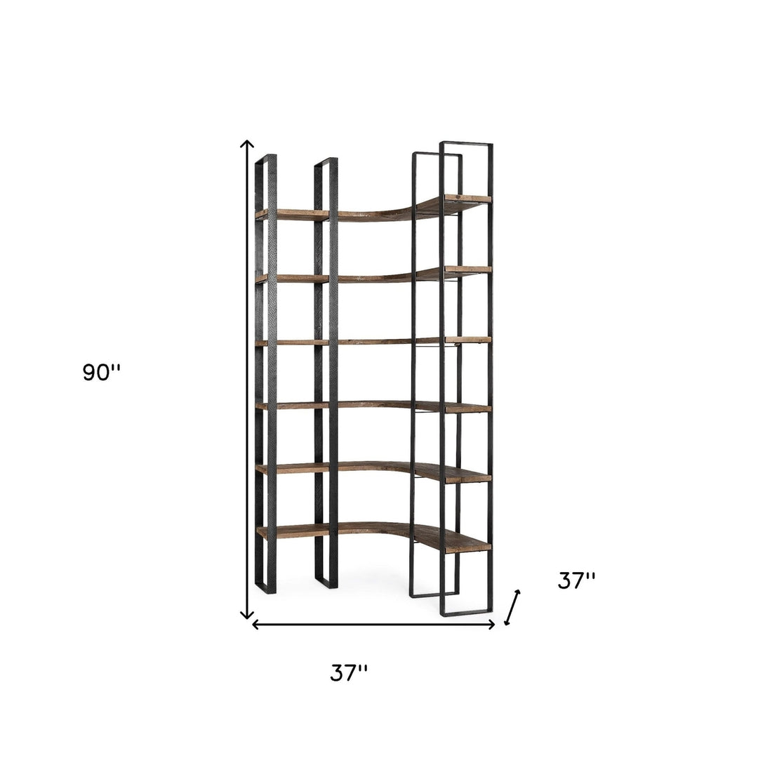 Curved Dark Brown Wood And Black Iron 6 Shelving Unit Image 8