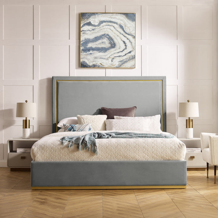 Gray Solid Wood King Upholstered Velvet Bed Image 12