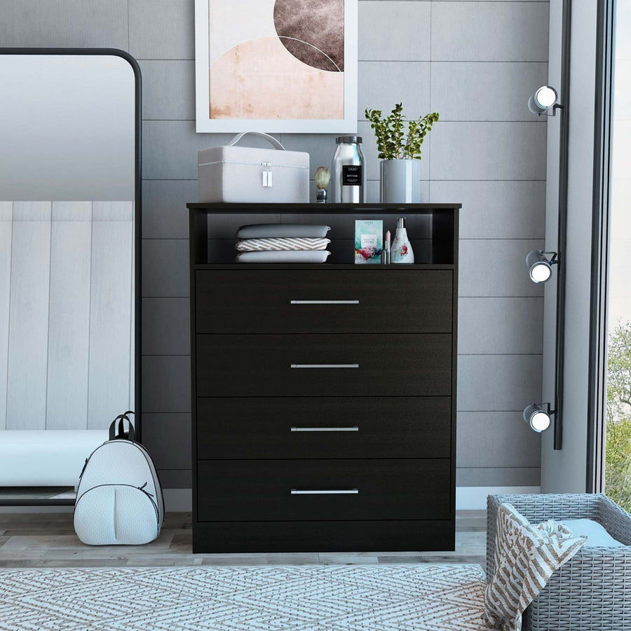 Modern Black Four Drawer Dresser with Hutch Image 1