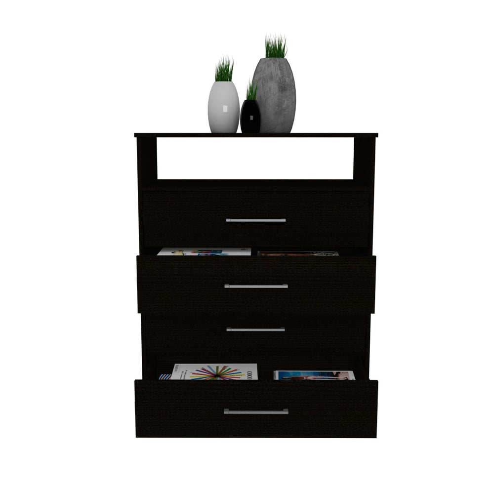 Modern Black Four Drawer Dresser with Hutch Image 2