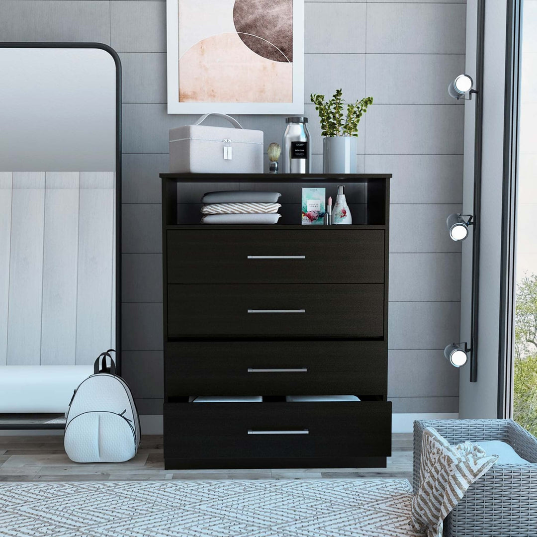 Modern Black Four Drawer Dresser with Hutch Image 4