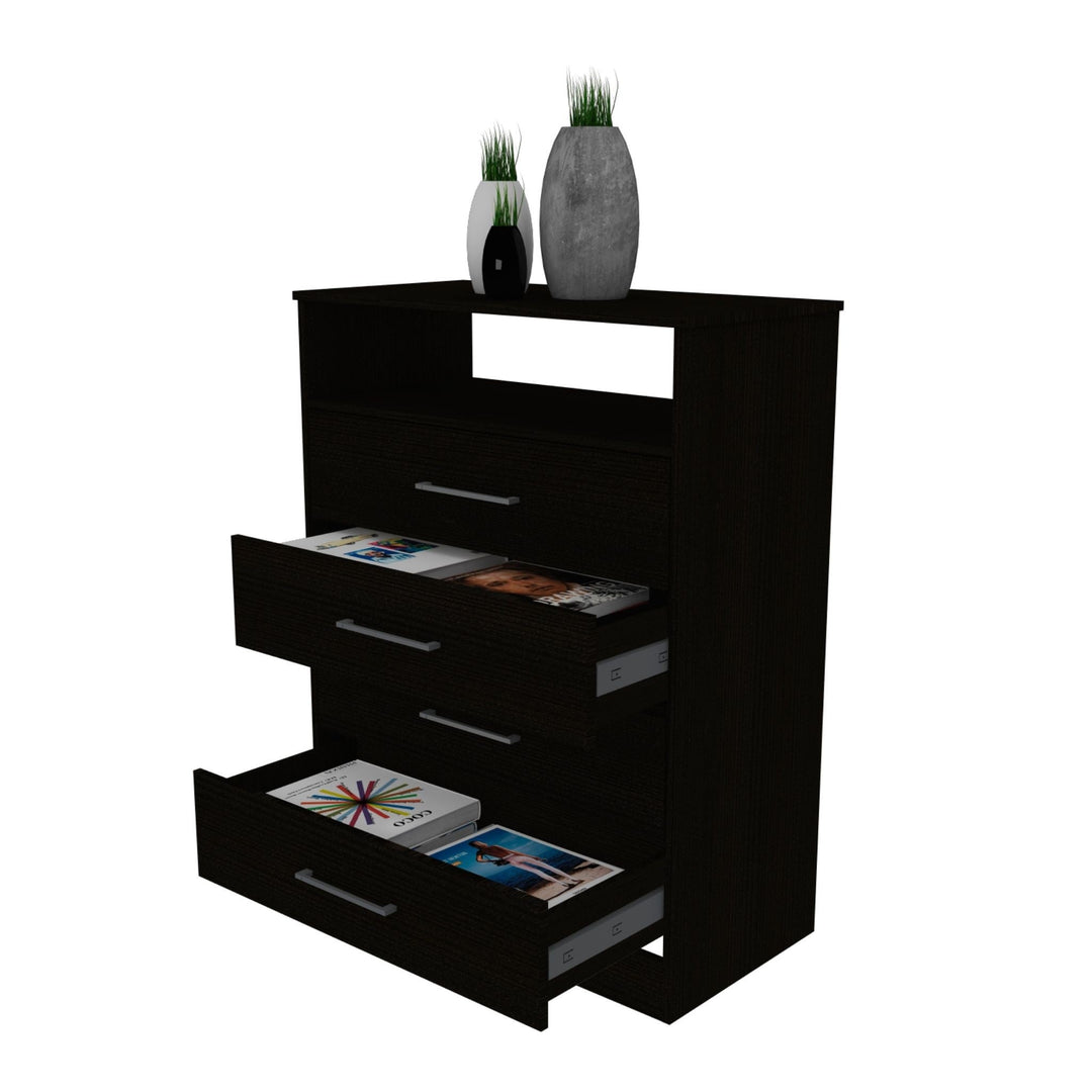 Modern Black Four Drawer Dresser with Hutch Image 6