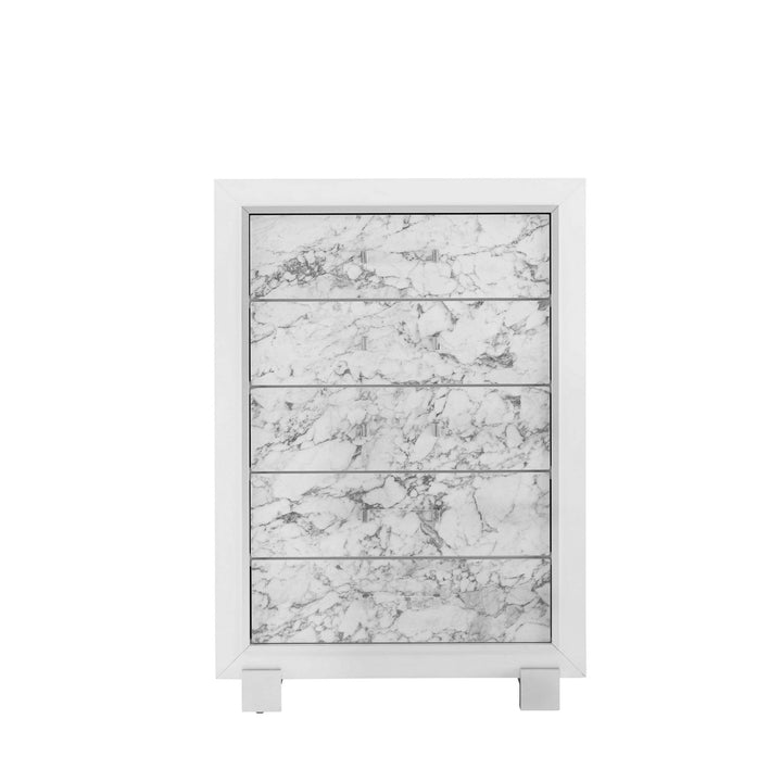 Modern White Chest With 5 Faux Marble Detailed Front Drawer. Image 1