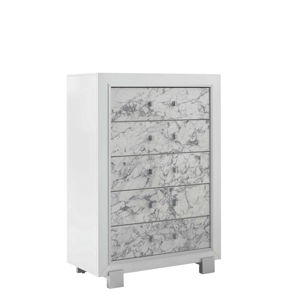 Modern White Chest With 5 Faux Marble Detailed Front Drawer. Image 2