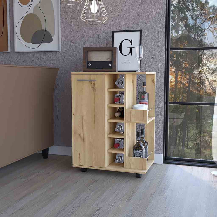 Oak Rolling Bar Cart With Wine Storage Image 1