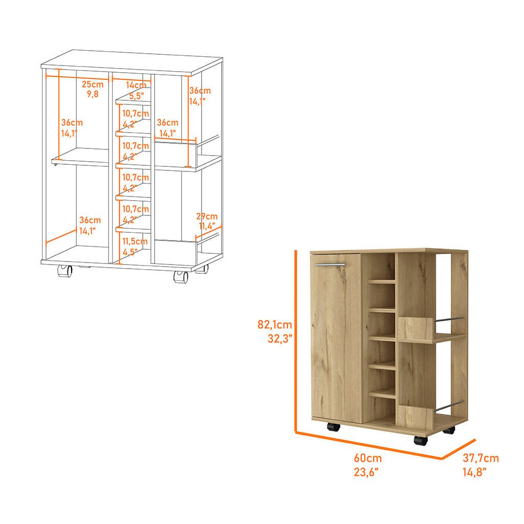 Oak Rolling Bar Cart With Wine Storage Image 3