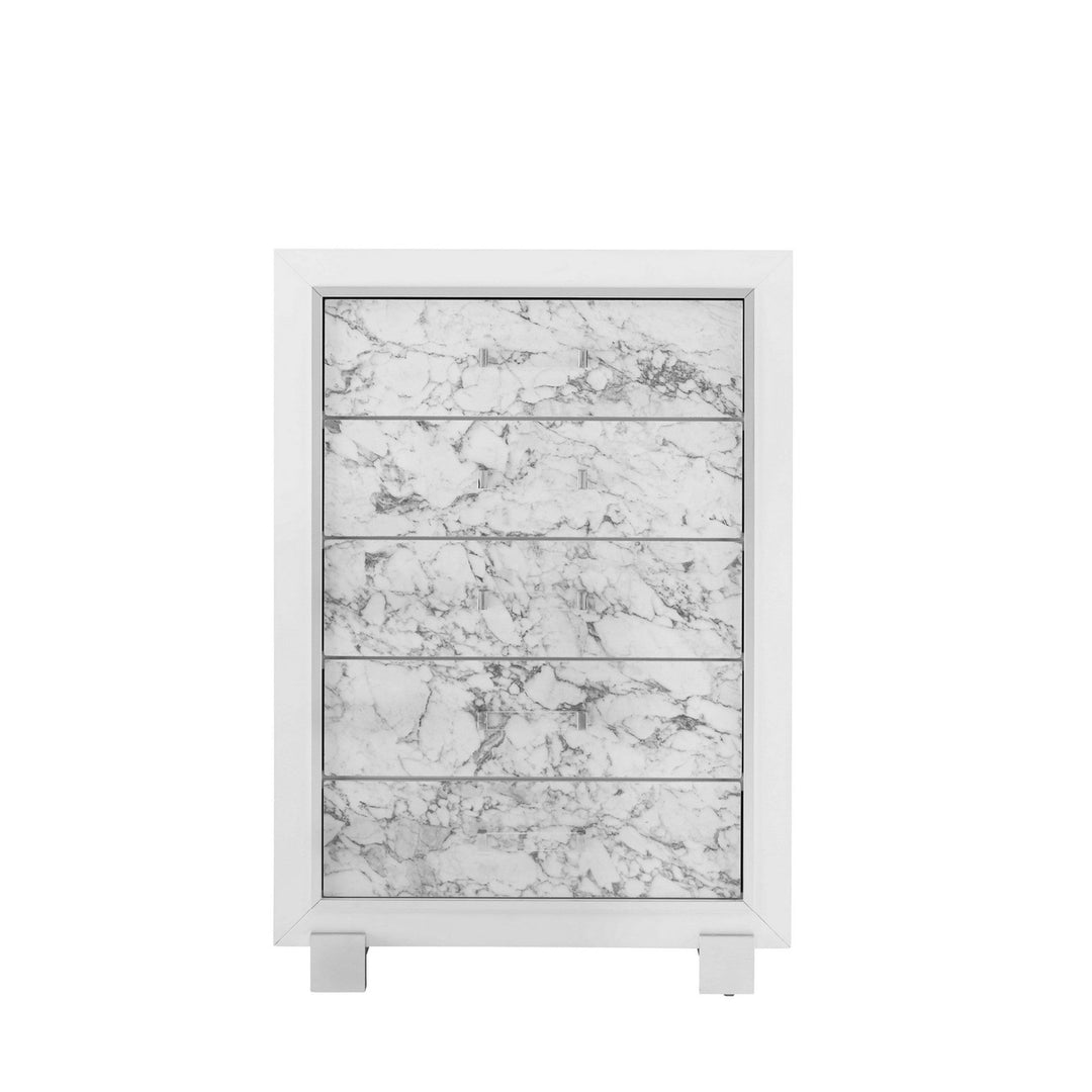 Modern White Chest With 5 Faux Marble Detailed Front Drawer. Image 10