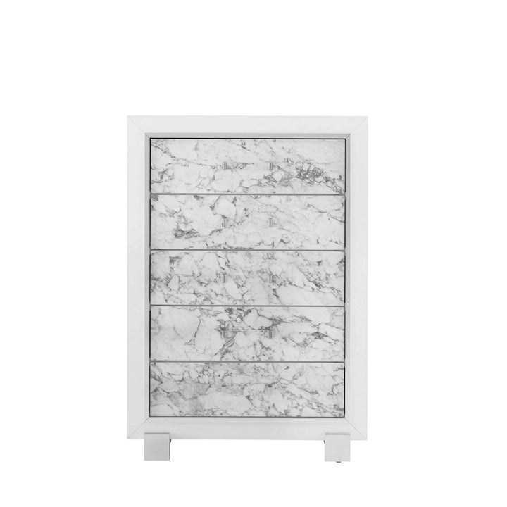 Modern White Chest With 5 Faux Marble Detailed Front Drawer. Image 10