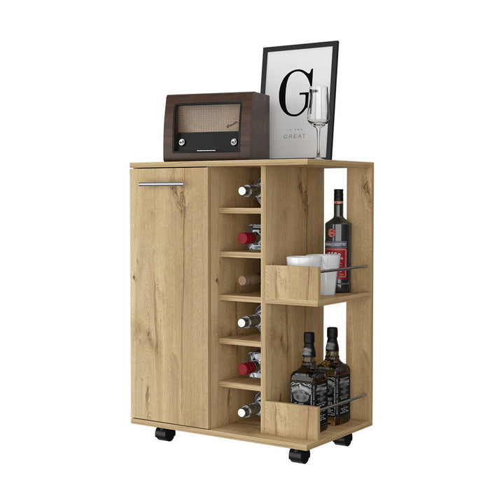 Oak Rolling Bar Cart With Wine Storage Image 6