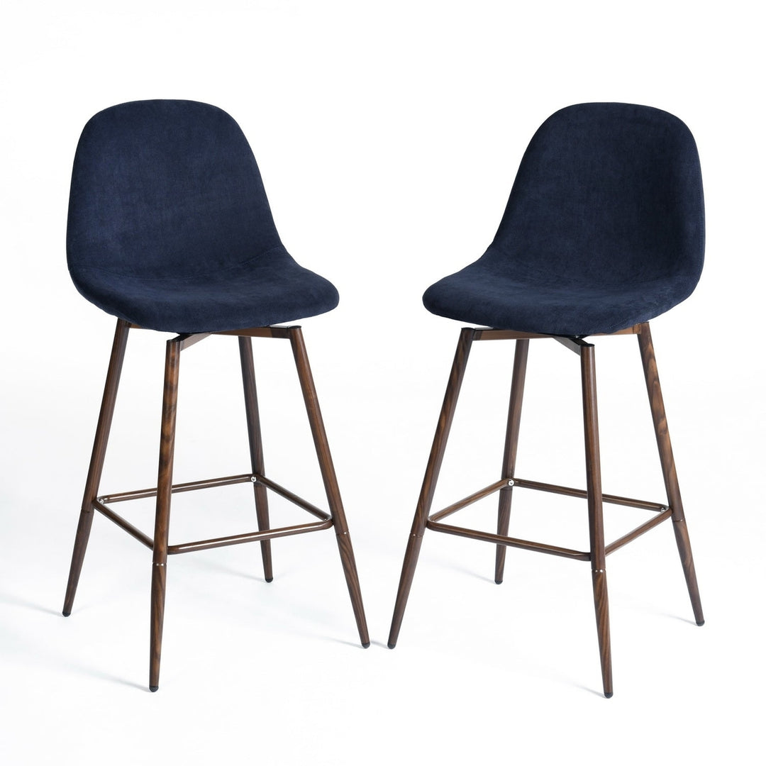 Set of Two 26" Blue And Brown Velvet And Steel Counter Height Bar Chairs Image 1