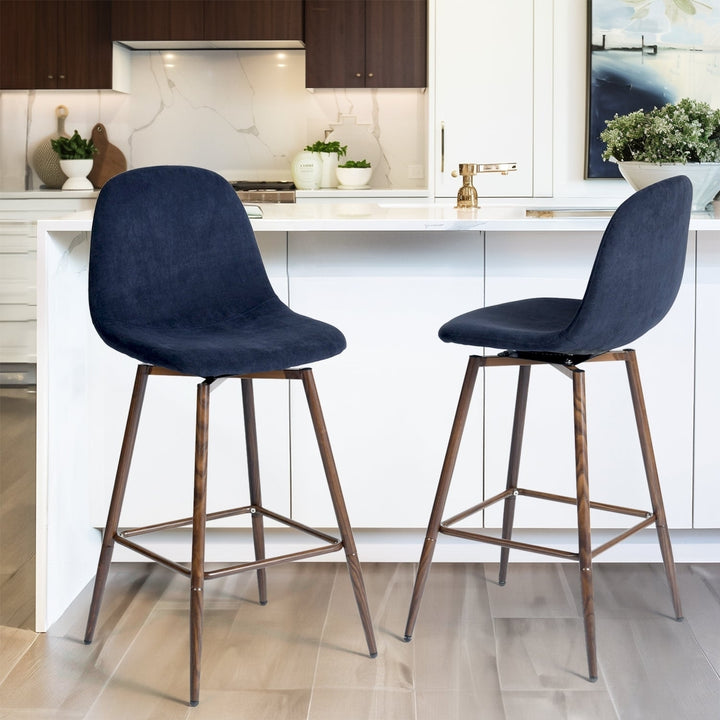 Set of Two 26" Blue And Brown Velvet And Steel Counter Height Bar Chairs Image 3