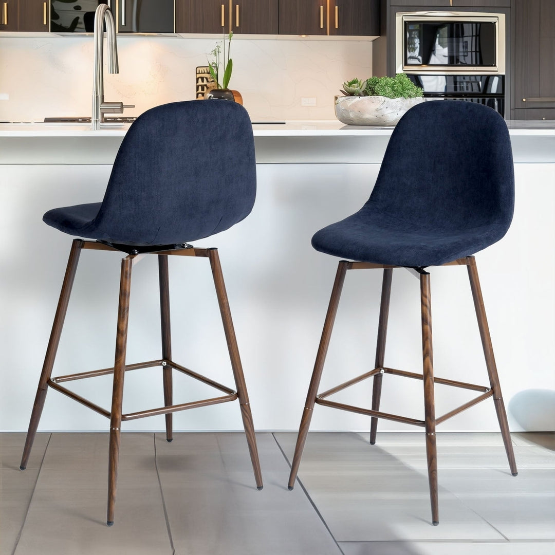 Set of Two 26" Blue And Brown Velvet And Steel Counter Height Bar Chairs Image 4