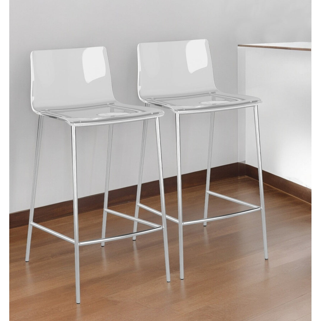 Set of Two 26" Clear And Silver Metal Low Back Counter Height Bar Chairs Image 8