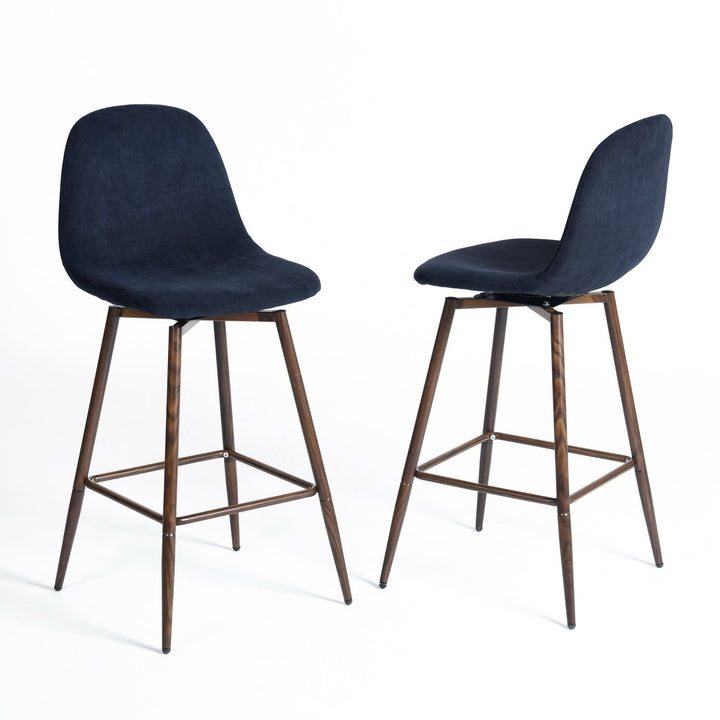 Set of Two 26" Blue And Brown Velvet And Steel Counter Height Bar Chairs Image 5