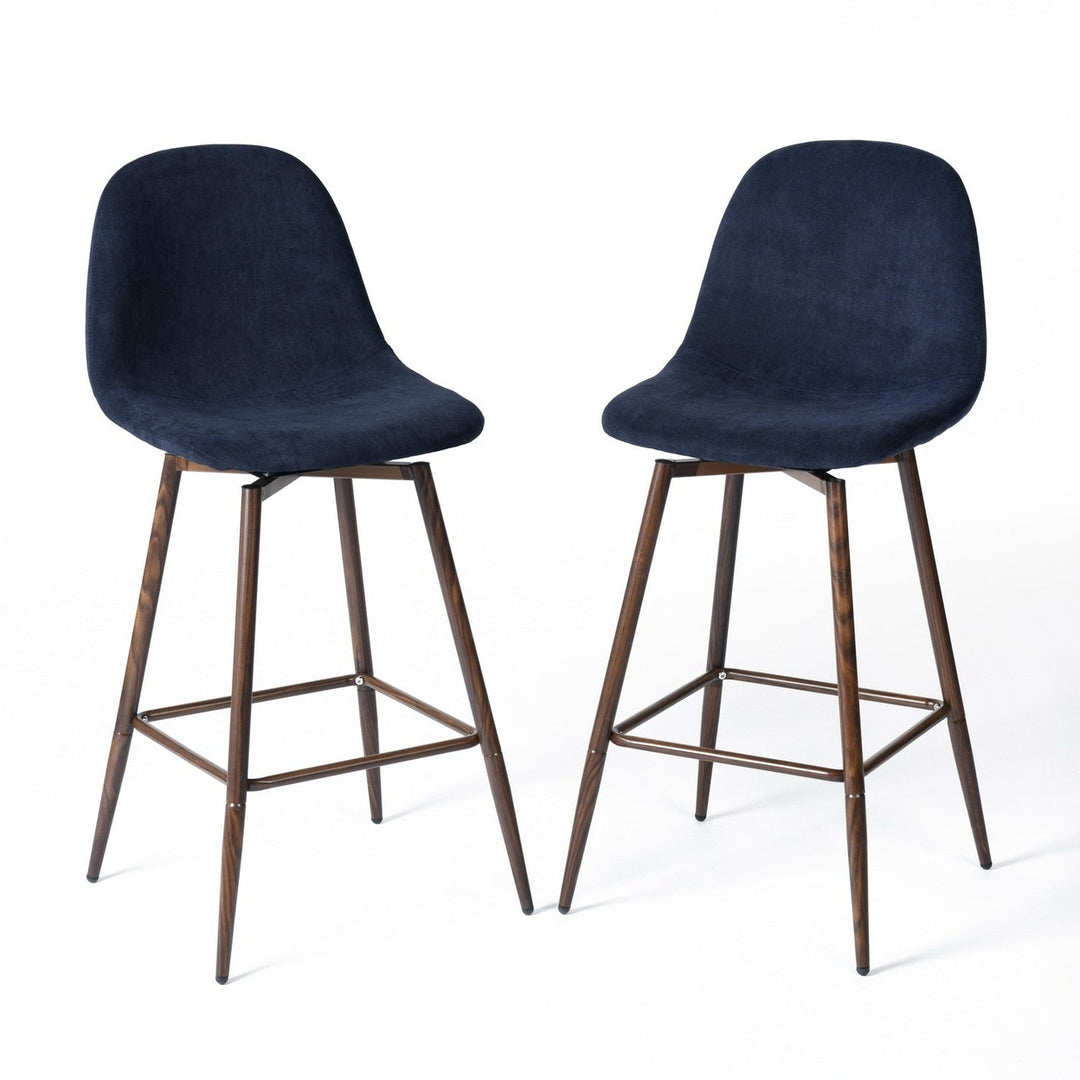 Set of Two 26" Blue And Brown Velvet And Steel Counter Height Bar Chairs Image 6