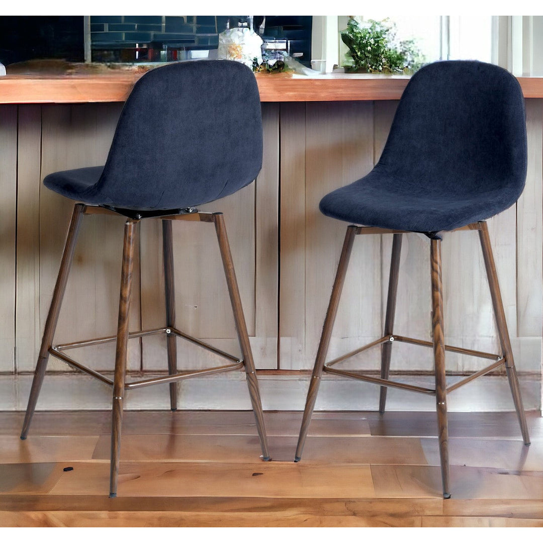 Set of Two 26" Blue And Brown Velvet And Steel Counter Height Bar Chairs Image 7