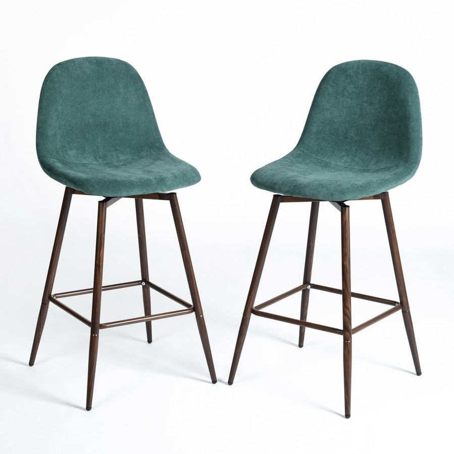 Set of Two 26" Green And Brown Velvet And Steel Counter Height Bar Chairs Image 1