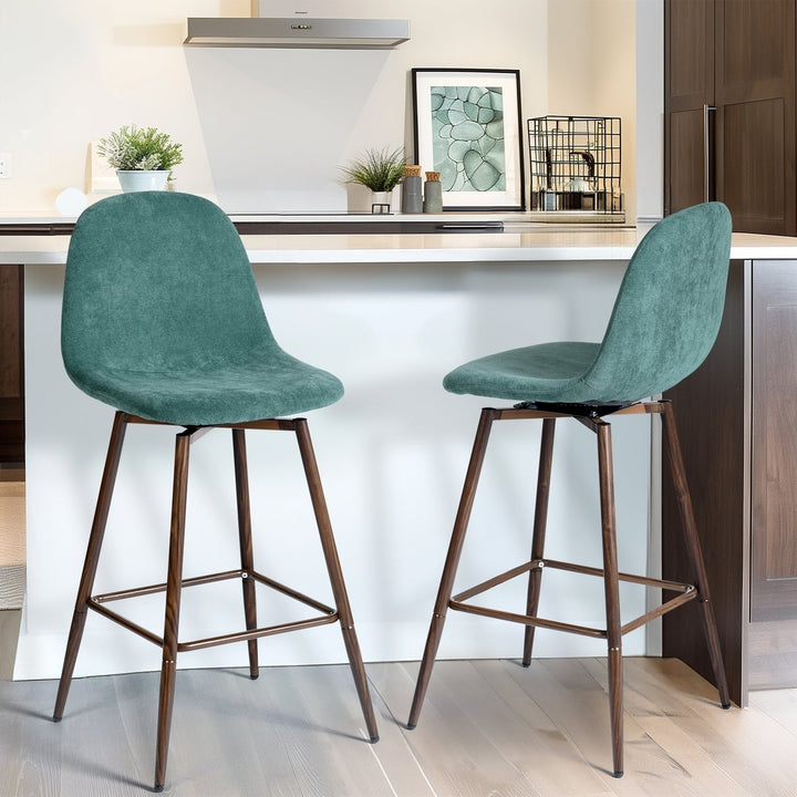 Set of Two 26" Green And Brown Velvet And Steel Counter Height Bar Chairs Image 5