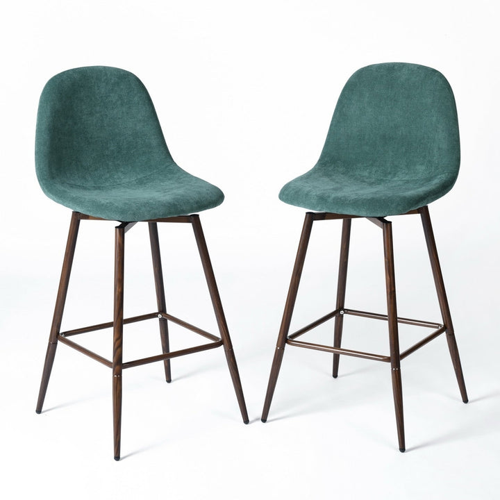 Set of Two 26" Green And Brown Velvet And Steel Counter Height Bar Chairs Image 7