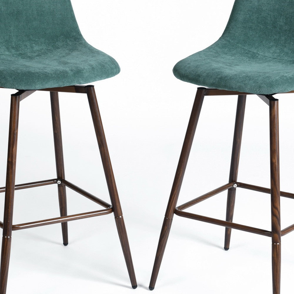 Set of Two 26" Green And Brown Velvet And Steel Counter Height Bar Chairs Image 8