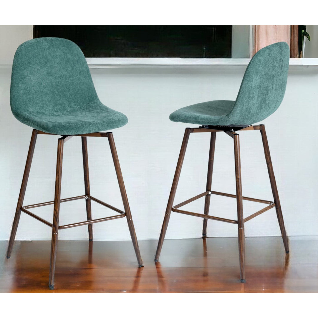 Set of Two 26" Green And Brown Velvet And Steel Counter Height Bar Chairs Image 9