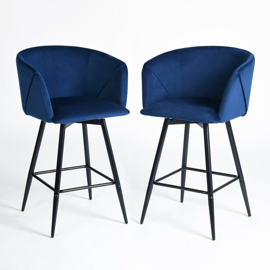 Set of Two 28" Blue And Black Velvet And Steel Low Back Bar Height Bar Chairs Image 1