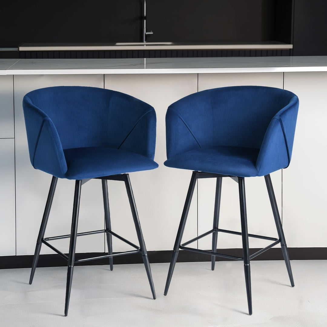 Set of Two 28" Blue And Black Velvet And Steel Low Back Bar Height Bar Chairs Image 4