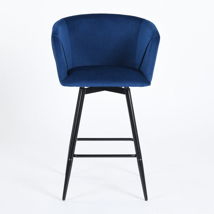 Set of Two 28" Blue And Black Velvet And Steel Low Back Bar Height Bar Chairs Image 5