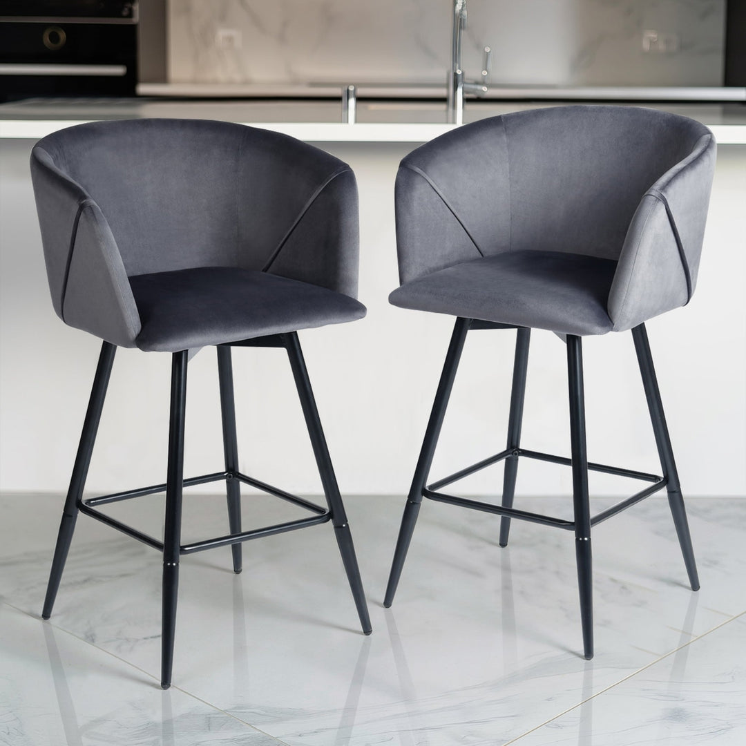 Set of Two 28" Gray And Black Velvet And Steel Bar Chairs Image 4