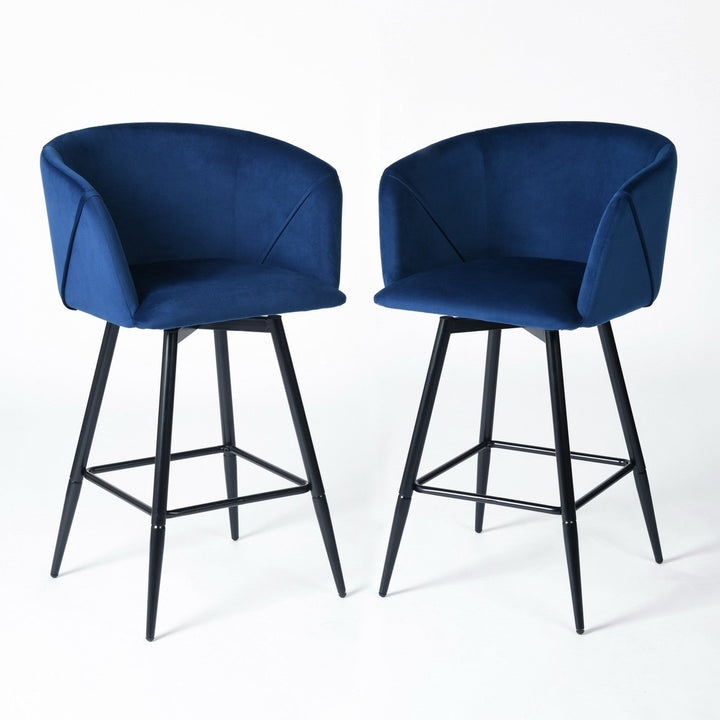 Set of Two 28" Blue And Black Velvet And Steel Low Back Bar Height Bar Chairs Image 7