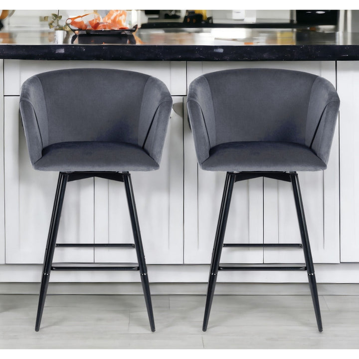 Set of Two 28" Gray And Black Velvet And Steel Bar Chairs Image 7